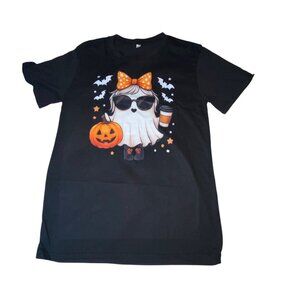 Halloween Ghost Graphic Black T-Shirt Small Pumpkin & Coffee Cup Design